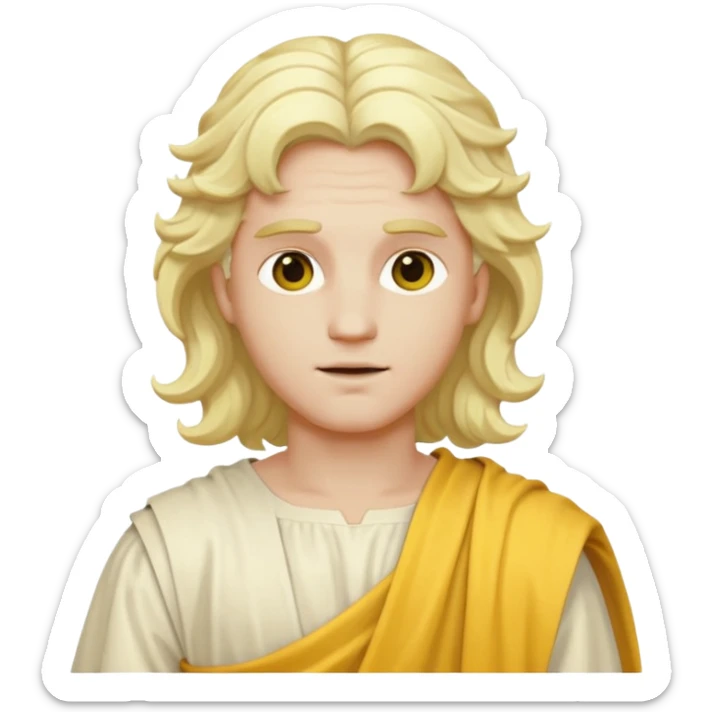 Apollo from Olympus Gods with long white blonde wavy hair, yellow toga sticker
