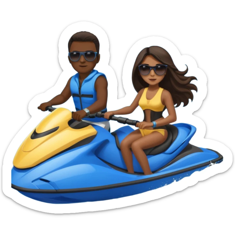 Dark male dark hair & light tan female long dark hair on a blue jet ski no sunglasses sticker