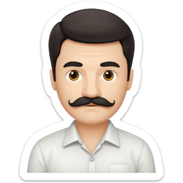 mustached man with medium hair and white shirt and black mustach and hair sticker