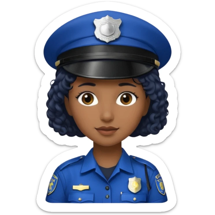 A female police officer with medium-dark skin tone, wearing a dark blue police cap with a silver badge in the center, short curly black hair showing from under the cap, large brown eyes, and a slight smile. sticker