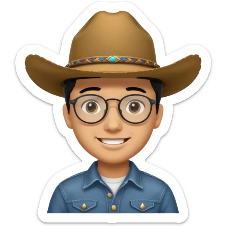 Hispanic Smiling boy with cow boy hat and black hair  . With chin strap and black glasses  sticker
