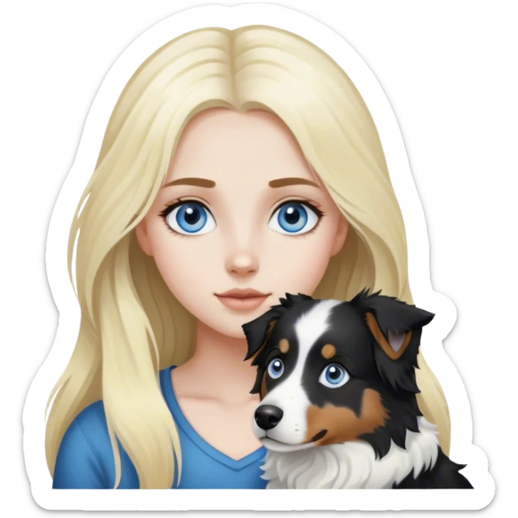pale girl with blue eyes and long blonde hair and black white Australian shepherd. sticker