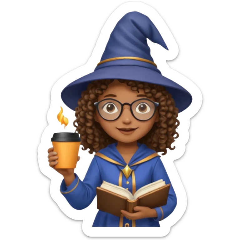 A Joyful child Female with Brown skin and Curly hair, wearing a Traditional outfit, a Wizard hat, Sunglasses, carrying a Spellbook, working as a farmer, while drinking Coffee and reading a Textbook. sticker