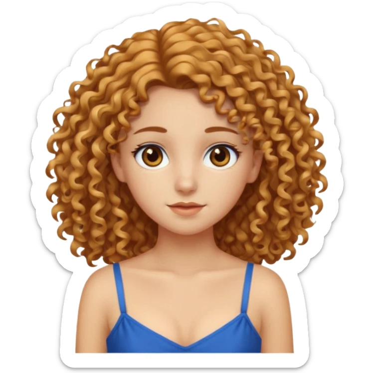 girl with golden curly hair, brown eyes, wearing a blue camisole dress sticker