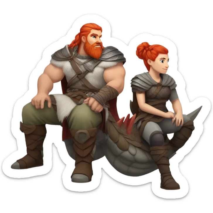  White Viking red head pale skin beautiful dragon  queen with a Viking solder with a gray man bun built white solder on a dragon  sticker