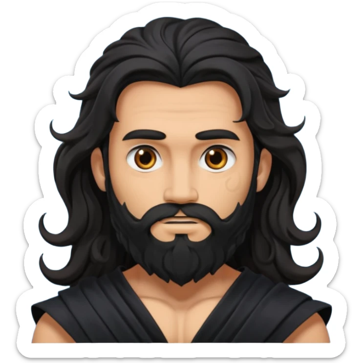 Hades from Olympus Gods with long black wavy hair and beard, black loincloth sticker