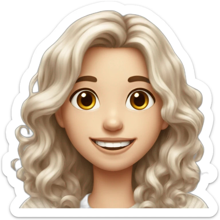 beautiful girl, white, with long loose wavy hair, brown hair, brown eyes, smiling, good teeth, white sweater, she laughs and waves her hand, realistic drawing sticker