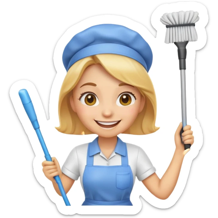 A cute and funny emoji of a happy female cleaner, wearing a cleaning uniform, holding a mop or spray bottle, smiling joyfully — cartoon style, bright colors, cheerful expression

 sticker