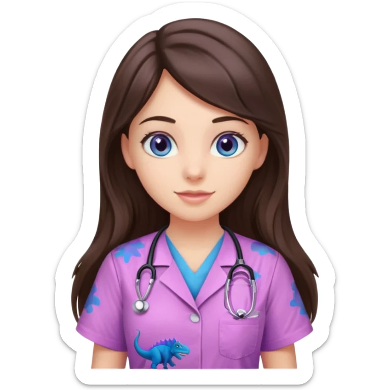 pretty brunette nurse with long hair and blue eyes in pink and purple dinosaur pattern scrubs sticker