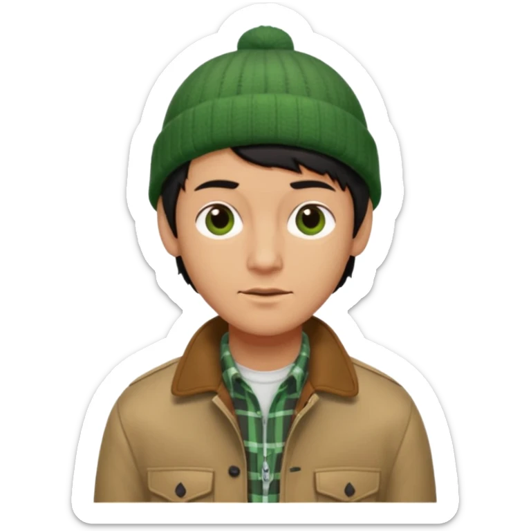 young man with longish black Beatle haircut, tan complexion, green beenie hat, tan jacket, checked shirt , pork chop sideburns sticker