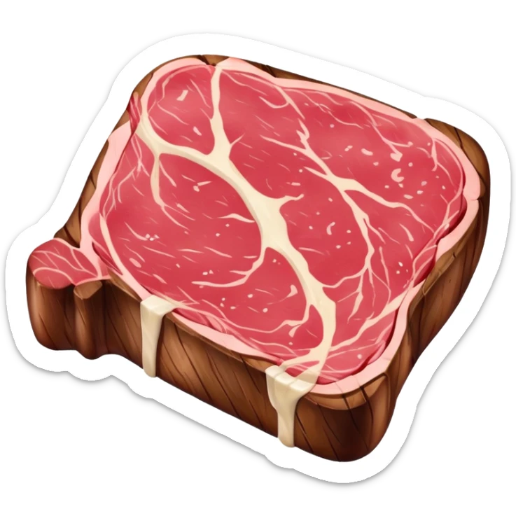 An emoji of a juicy steak or meat piece. Grilled on the outside with visible sear marks, slightly pink in the middle. Shaped like a thick cut of beef, with a small bone or marbled fat for extra detail. Rich red and brown tones to show it's freshly cooked. sticker