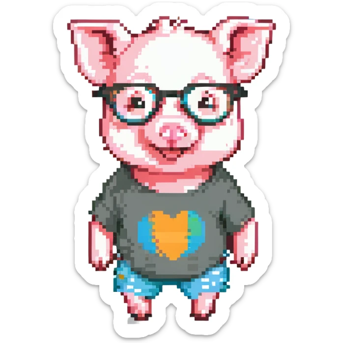 pixel art emoji of a cute baby pig, round glasses, colorful t-shirt and shorts, standing, smiling, 32x32, kawaii, cheerful palette sticker