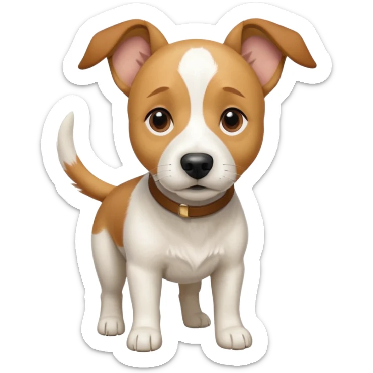a full body facing front on of a buff white beagle cross jack russell terrier looking dog the size of a kelpie with light brown long ears resting on its face and a light brown patch above one eye and a large snout. the rest of the dog is completely white.  sticker