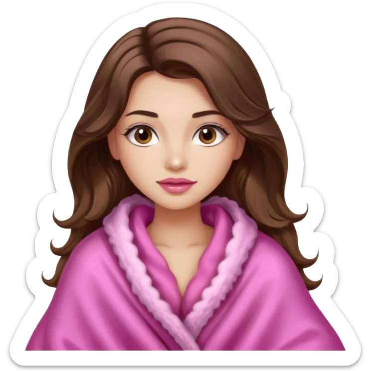 girl with long wavy brown hair, brown eyes, long lashes makeup, sexy pink lips, light to medium complexion, wearing a pink sexy silk top, big blanket over cozy  sticker