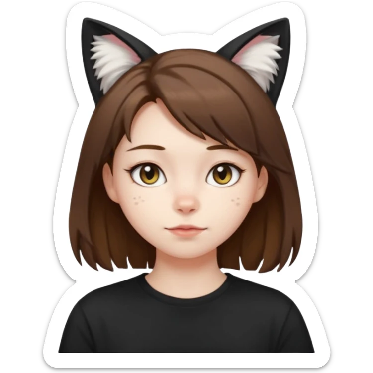 a girl with pale skin, shoulder lengh brown hair with lots of dandruff , cat ears and a tail, with a black t-shirt on sticker