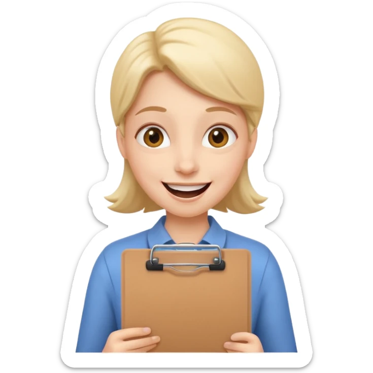 playful product owner emoji, cheerful person with a clipboard, exaggerated happy expression sticker