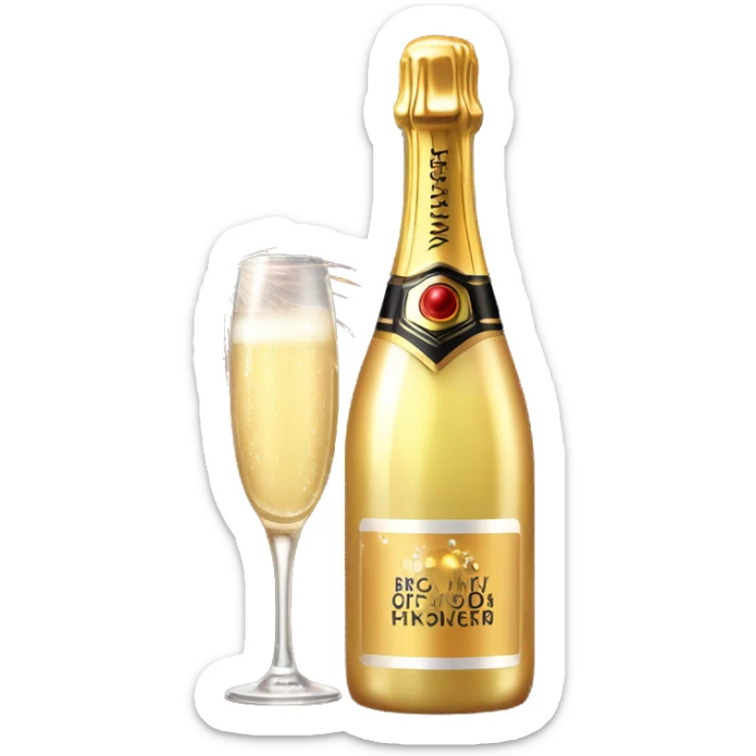 Realistic glam bottle of champagne with a glass next to with a lit consumer firework in the glass with it sticker