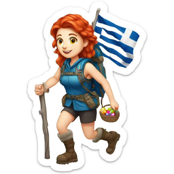 Greek Female winter mountaineer red hair white skin climbing with Greek Flag and Easter eggs basket sticker