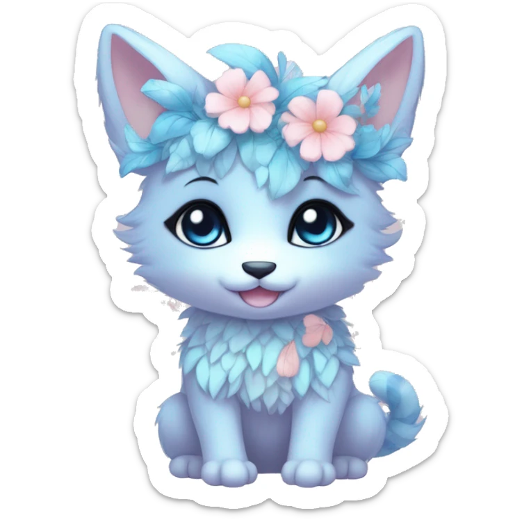 Anthro Cute Cool Blushing Pastel Innocent Shy Kawaii gorgeous sparkly ethereal fantasy animal creature with blue eyes furry sona with flowers and ribbons beautiful aesthetic sticker