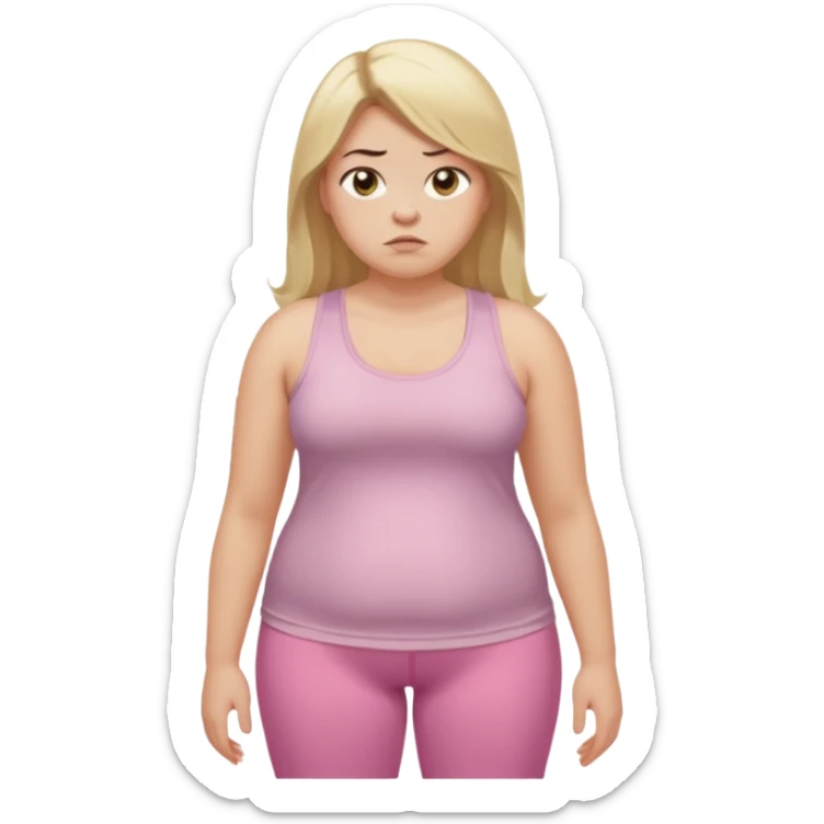 Create a young woman with long blonde hair, golden eyes, and medium-light skin tone, wearing a light pink tank top and leggings. but she is overweight  She should be in portrait mode, but with a subtle doubting facial expression—slightly raised eyebrow, small frown, sticker