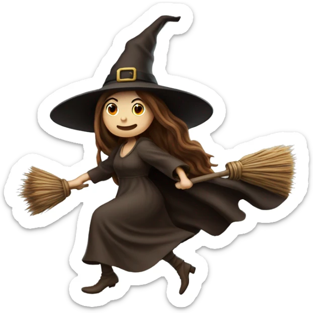 brown very long hair witch flying on a broom european white skin, lean attrative body small feet sticker