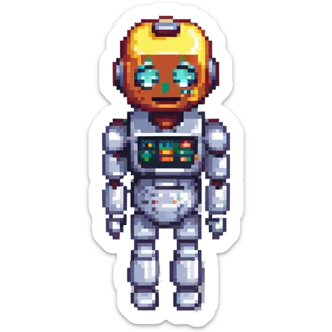 robot in the exact pose of the standard salute emoji, head and body resembling the classic robot emoji, pixel art style sticker