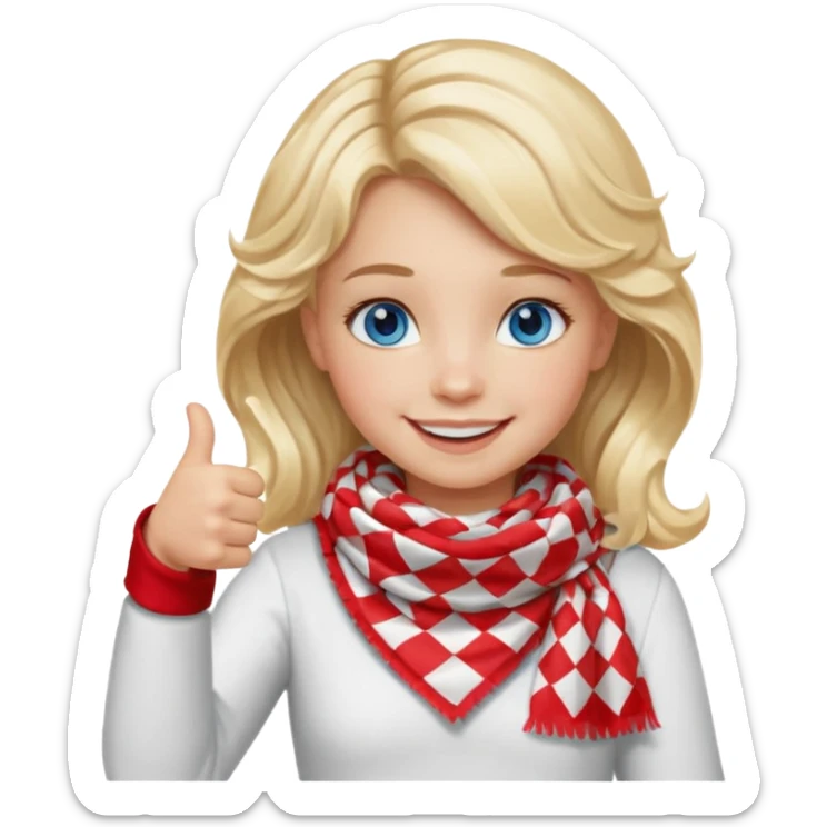 Blonde Girl, Blue Eyes, wavy hair, smiling, thumbs up, wearing red Checkered Triangle scarf, white dress sticker