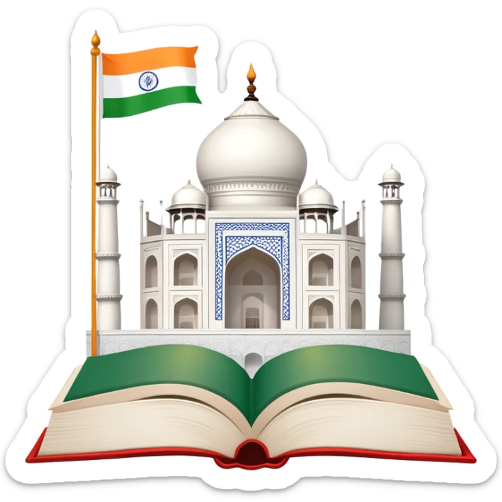 An icon featuring the Taj Mahal and the flag of India, symbolizing the Hindi language. The design includes an open book with Hindi script, representing language learning and cultural richness. Transparent background highlights the heritage of India. sticker