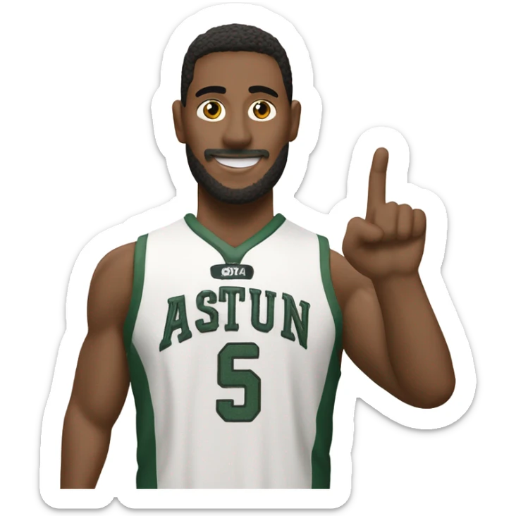 A  sports fan that has on a foam finger and the sports team is called TATUM sticker
