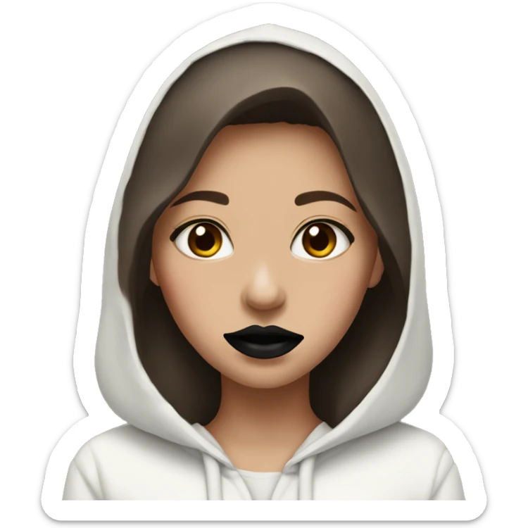 girl with brown hair in a white hoodie and black lipstick with a red stain on her mouth sticker