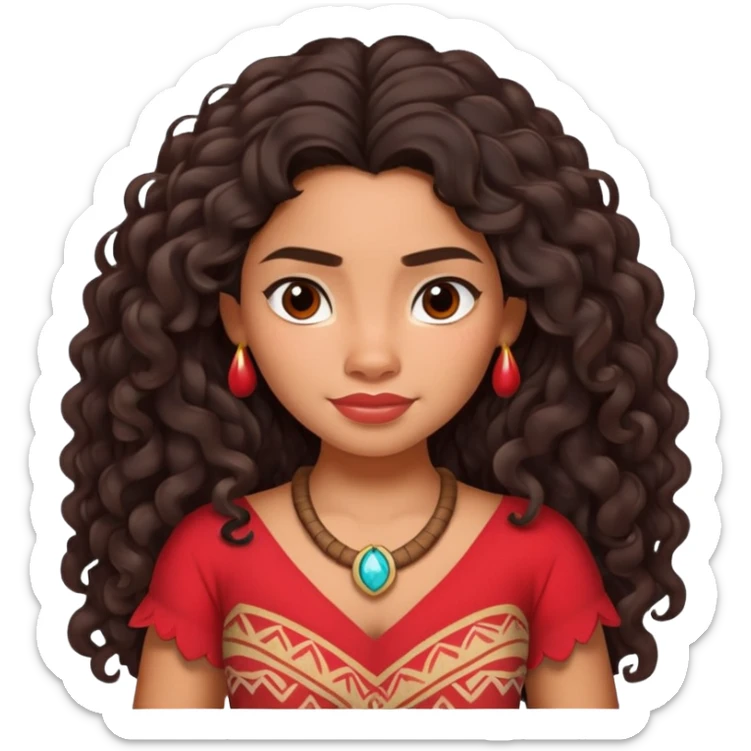 Moana character with long curly dark hair, wearing a red top, Polynesian princess sticker