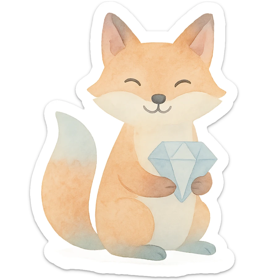 cheerful fox holding a diamond, watercolor painting, vibrant yet soft colors, whimsical feel sticker