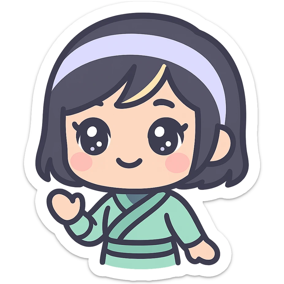 Make the art style more anime: kawaii chibi ninja girl with black short hair and a blonde streak, only head and arms, big sparkling anime eyes, rounder face, small mouth, soft shading, pastel colors, clean outlines, transparent background, no mask, hand at side, smiling, sized for Twitch emoji use. sticker