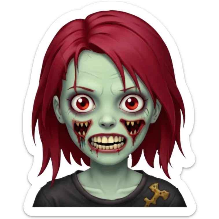 A zombie girl with dark red mid length  hair with grills  sticker