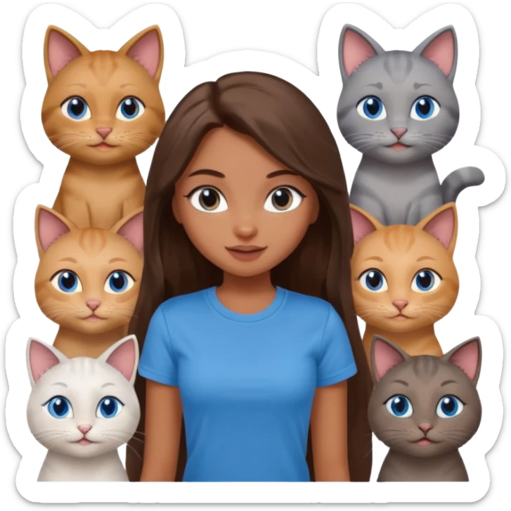 a pretty bratz dusky girl with long brown hair, blue eyes with six cats nd wearing a grey tshirt sticker