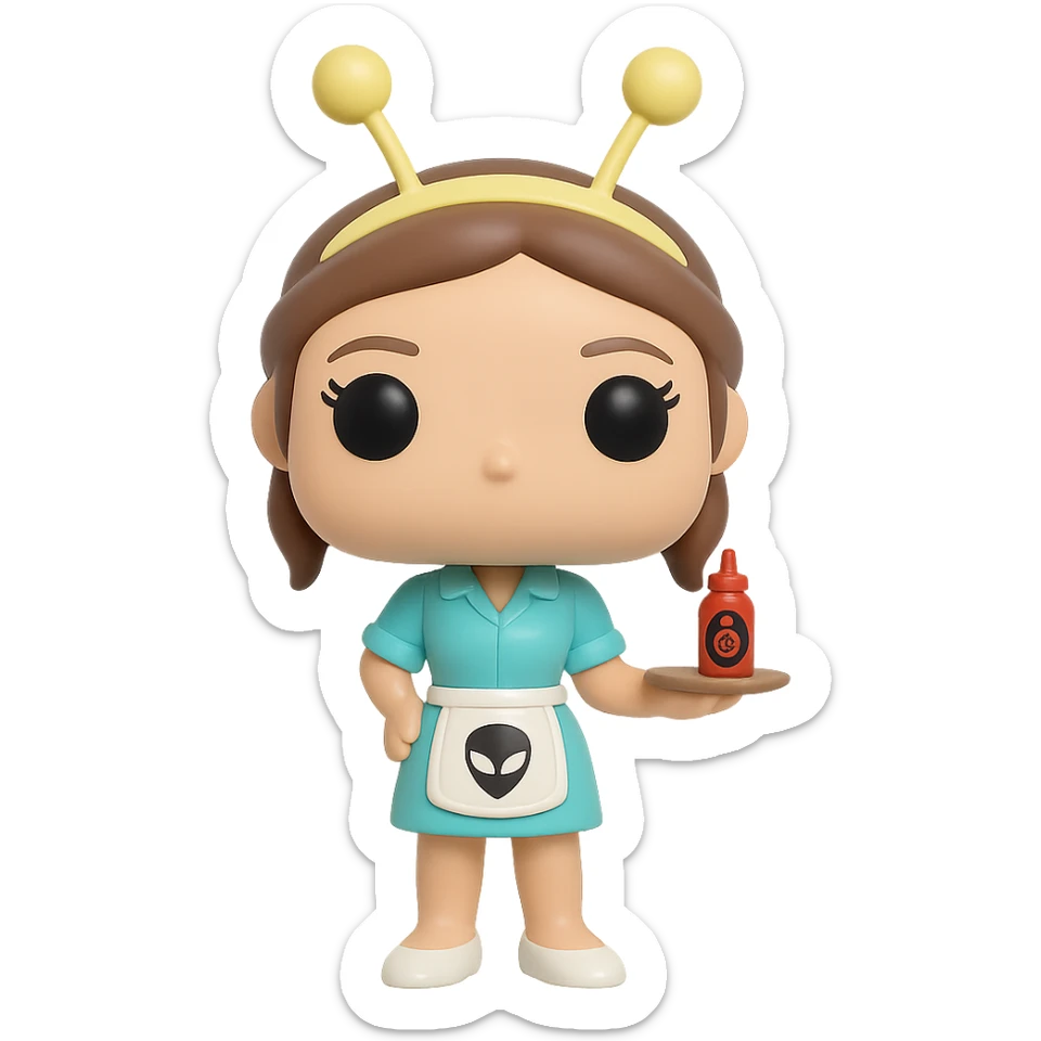 Create a Funko Pop style vinyl figure of Liz Parker from the Roswell series. She is wearing a light blue Crashdown Café waitress outfit with a white apron featuring an alien logo. She has a golden antenna headband, brown tied-up hair, and a friendly expression. She is holding a tray with a ketchup bottle. The background should be transparent. sticker