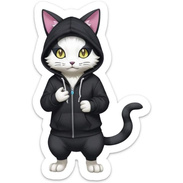 Black cat-garurumon-Gatomon-purloin-feline-Fakemon-Digimon-creature wearing a hoodie fursona (full body)  sticker