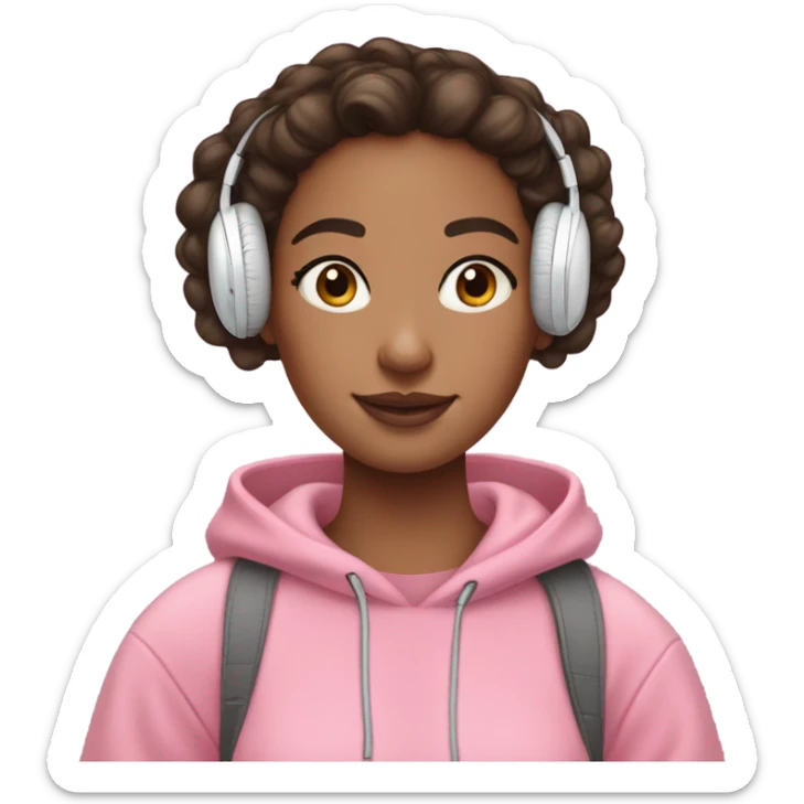 brunette girl with pink hoodie and curly messy bun with airpods max on sticker