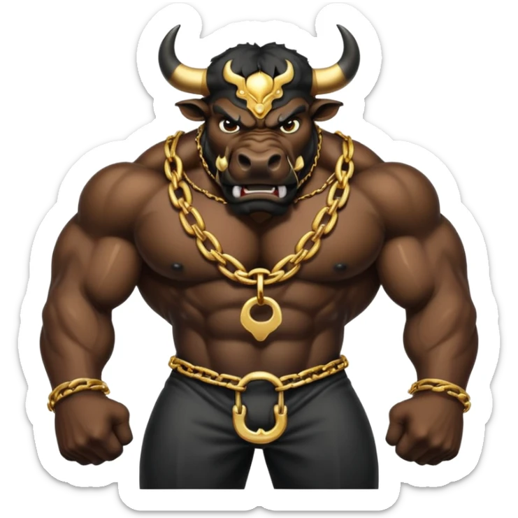 The emoji is an angry black powerful bull with steam coming out of its nose and a gold chain hanging from its neck with the inscription - bull run sticker