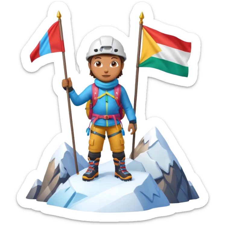 A 3D cartoon mountaineer standing on a snowy Everest-like summit with a flag, wearing colorful climbing gear, soft lighting, Memoji-style. sticker