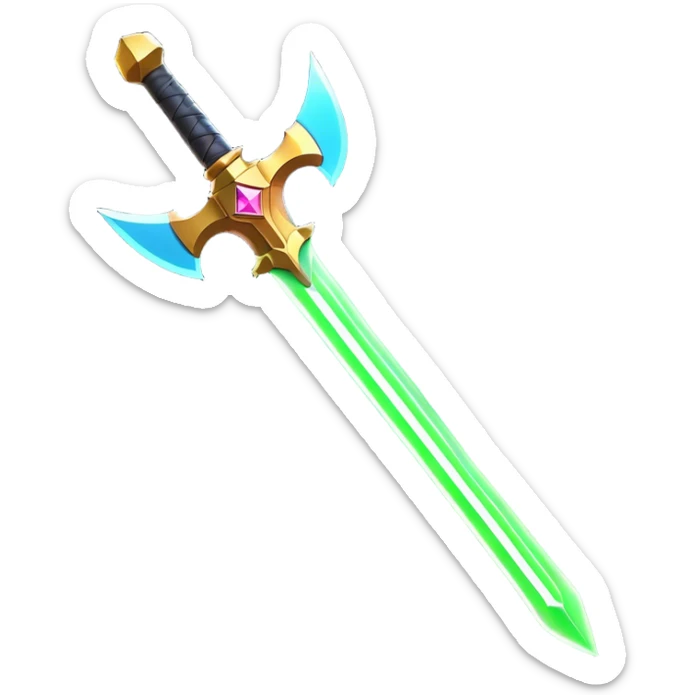Clash of Clans aesthetic: Cinematic heroic Laser halo Sword Emoji, rendered in a 3D vector-style similar to standard emojis with minimal shading and bold, simplified shapes. A compact, vibrant energy blade with a neon-hued, glowing edge and futuristic hilt, softly glowing with a radiant cosmic charm. Simplified yet unmistakably iconic, highly detailed and consistent, glowing with a soft pulsating brilliance and high shine. Stylized with a touch of interstellar elegance and a soft glowing outline, capturing the essence of a legendary energy blade with a friendly, playful manner! sticker