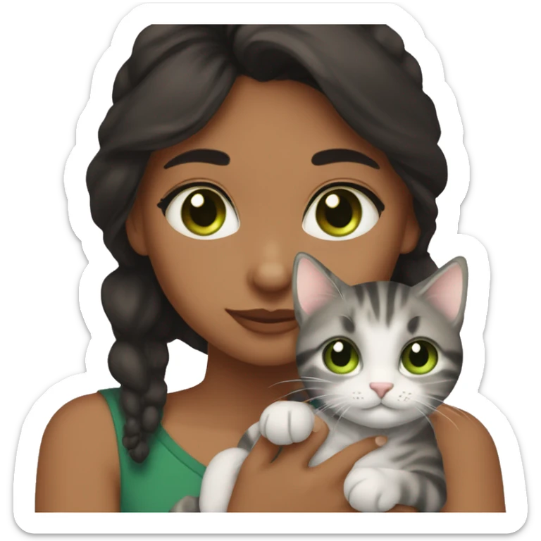 brownskin girl with brown eyes and black hair cuddling one gray tabby cat with green eyes sticker