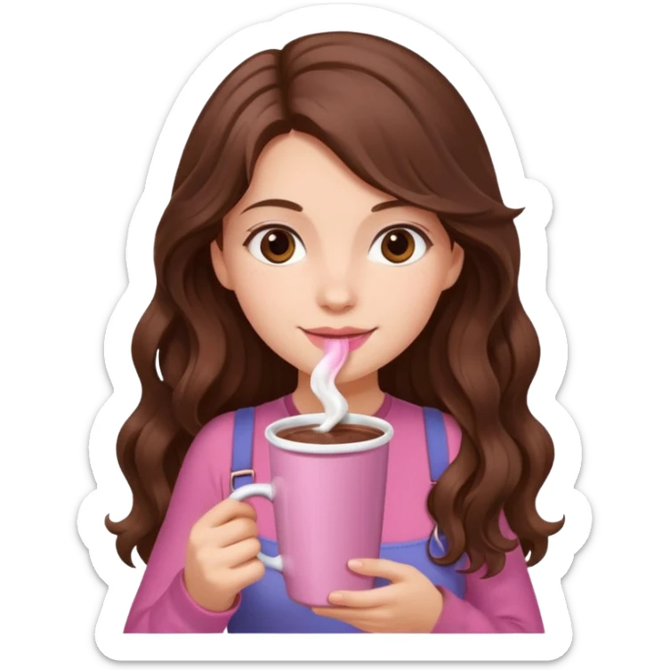 menina branca com cabelos castanhos longos ondulados com xícara rosa na frente com chocolate quente, com blusa de alça fina sticker