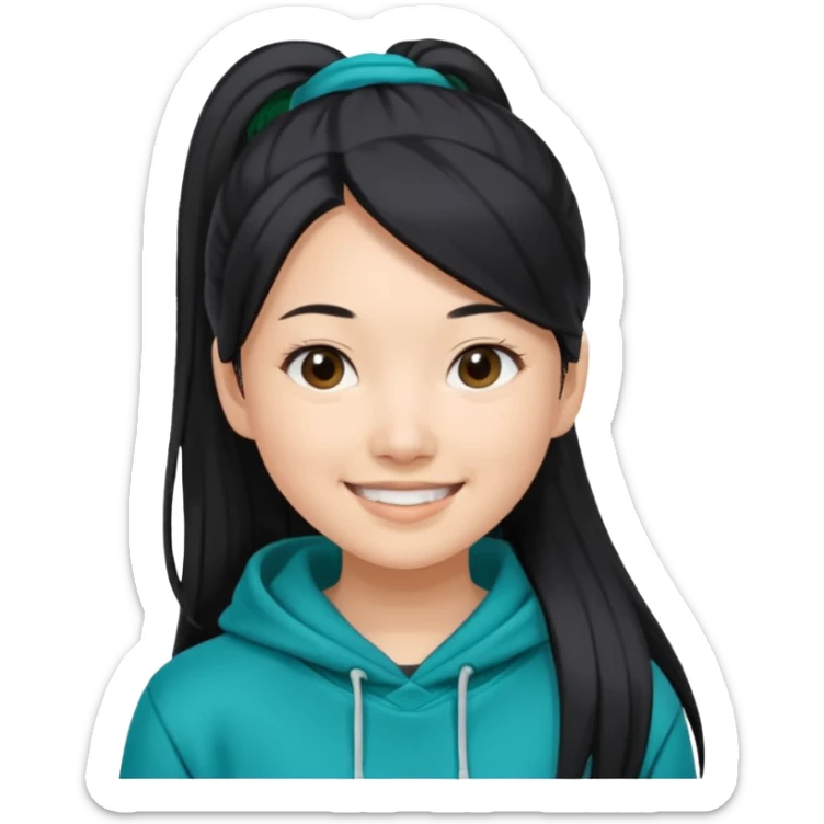 generate an asian female with long black hair in a ponytail and a teal hoodie sticker