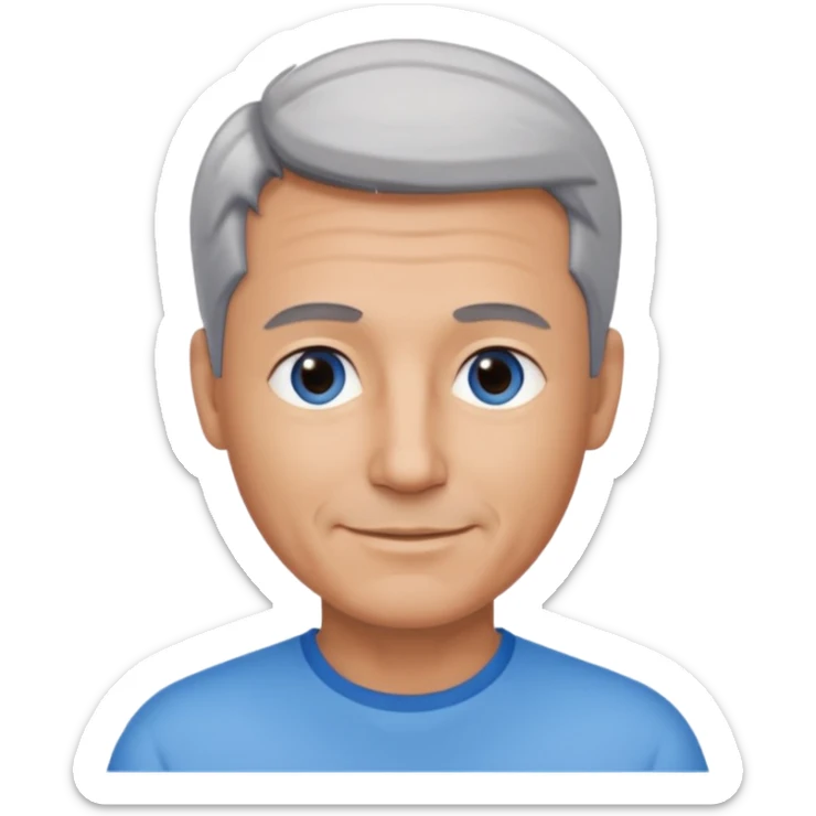 Middle aged man with tanned skin, little black to grey hair and no beard, blue eyes, shy smile sticker
