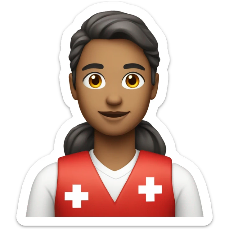 a red cross volunteer wearing a red vest with the red cross insignia on a white background sticker