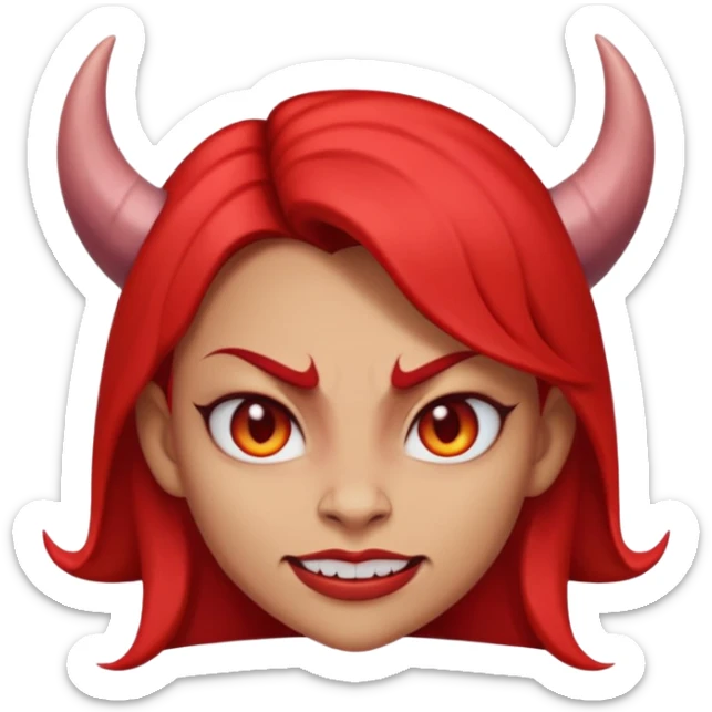 woman Demon cartoon emoji character, head and shoulders included (chest-up crop), centered face, confident and edgy expression, sharp eyes, subtle smirk, small curved horns, clean stylized face, not cute, not scary, modern emoji-style illustration, bold colors, smooth shading, high readability sticker