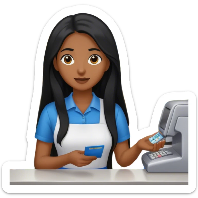perempuan dengan rambut hitam panjang sedang bekerja sebagai kasir di supermarket  sticker
