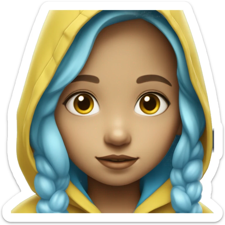 Cute little girl with light blue hair wearing a yellow raincoat hood up with rosary fair skin sticker