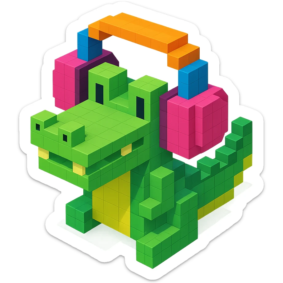 crocodile wearing large over-ear headphones, isometric view, voxel style sticker